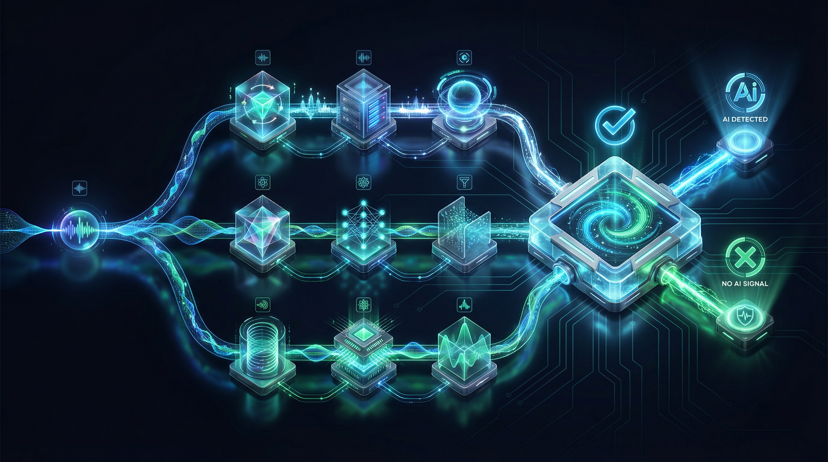 AI music detection architecture diagram — multi-stage verification pipeline for detecting Suno and Udio AI-generated audio